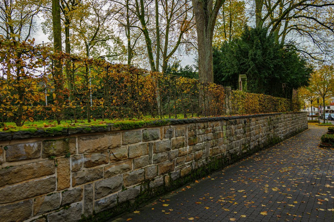 Muro de piedra junto a un camino adoquinado